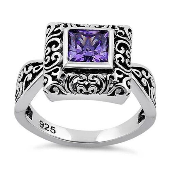 Sterling Silver Ornate Square Cut Amethyst CZ Ring New - Picture 1 of 11